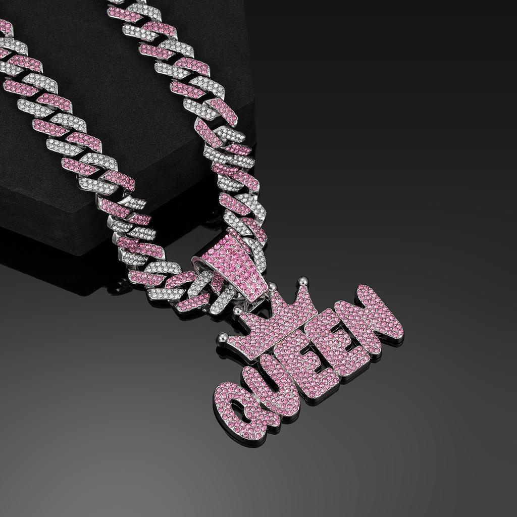 Couronne Rose Diamant pour Femme, Pendentif Lettre QUEEN, Collier Cubain Diamant Long Hip Hop Accessoire Féminin