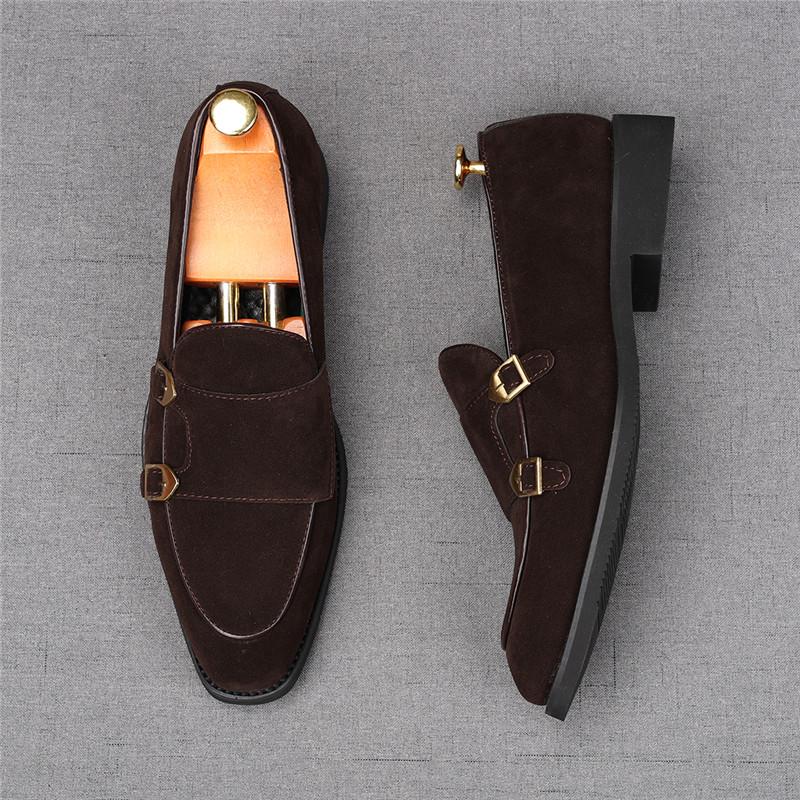 Fashion Fashion New Men's Pointed Suede Leather Monk Strap Loafers Male Luxury Designer Homecoming Wedding Dress Prom Evening Shoes