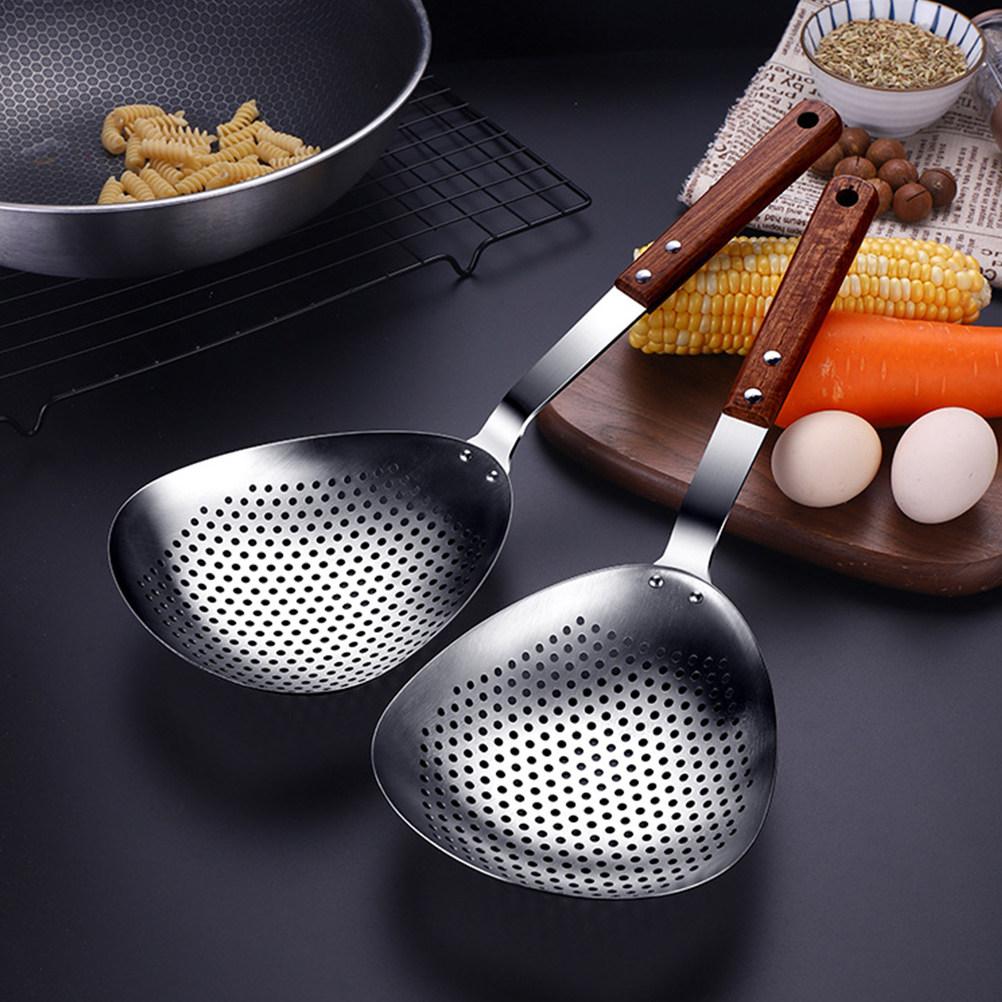 Premium Stainless Steel Slotted Spoon with Wooden Handle for Hot Pot Frying Noodles Dumplings Filtering Ladle Kitchen Colander