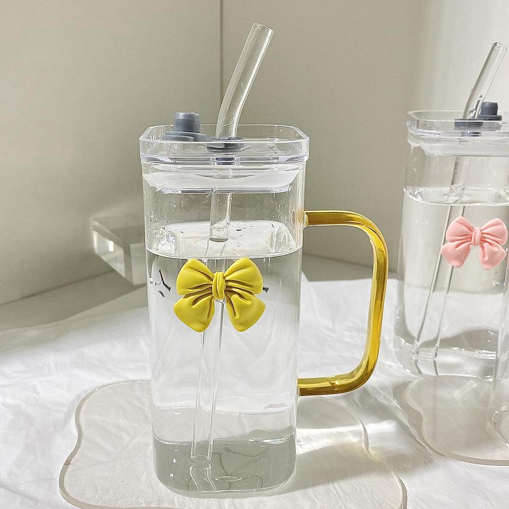 Minimalist Transparent Square Glass Cup with Bow Handle and Straw - High-Temperature Resistant for Coffee or Milk