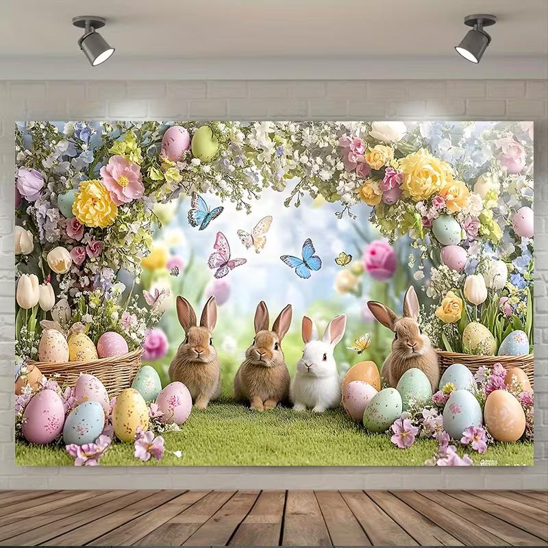 

2D Easter Photo Booth Backdrop, Floral Arch with Bunnies & Butterflies Photography Background 47.2x31.5inch/120*80cm
