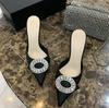 Fashion French High-Heeled Women'S 2025 Satin Rhinestone Toe Cap Slippers With Pointed Tips And Thin Heels, Stylish Small Single Shoes