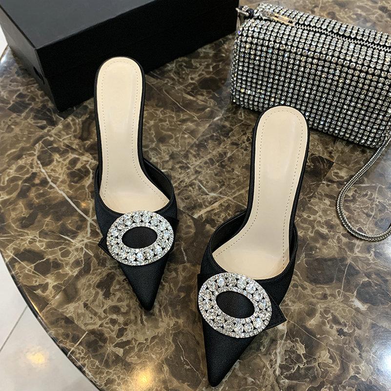 Fashion French High-Heeled Women'S 2025 Satin Rhinestone Toe Cap Slippers With Pointed Tips And Thin Heels, Stylish Small Single Shoes