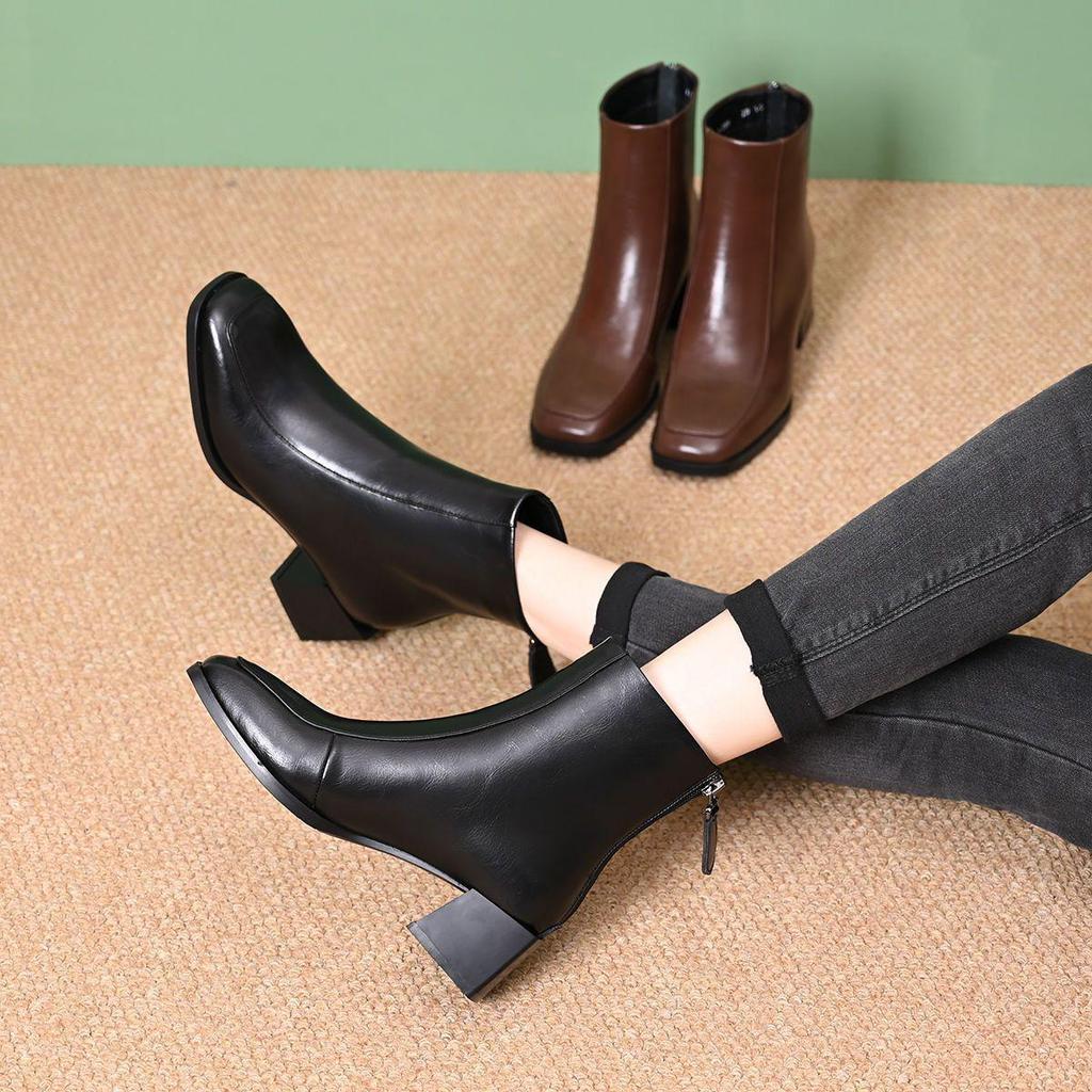 Damen Stiefeletten mit Blockabsatz - Herbst/Winter 2025, Leder, Plus Samt, Nude, Eckige Zehenpartie, Mittelhoher Absatz, Bequeme Passform.