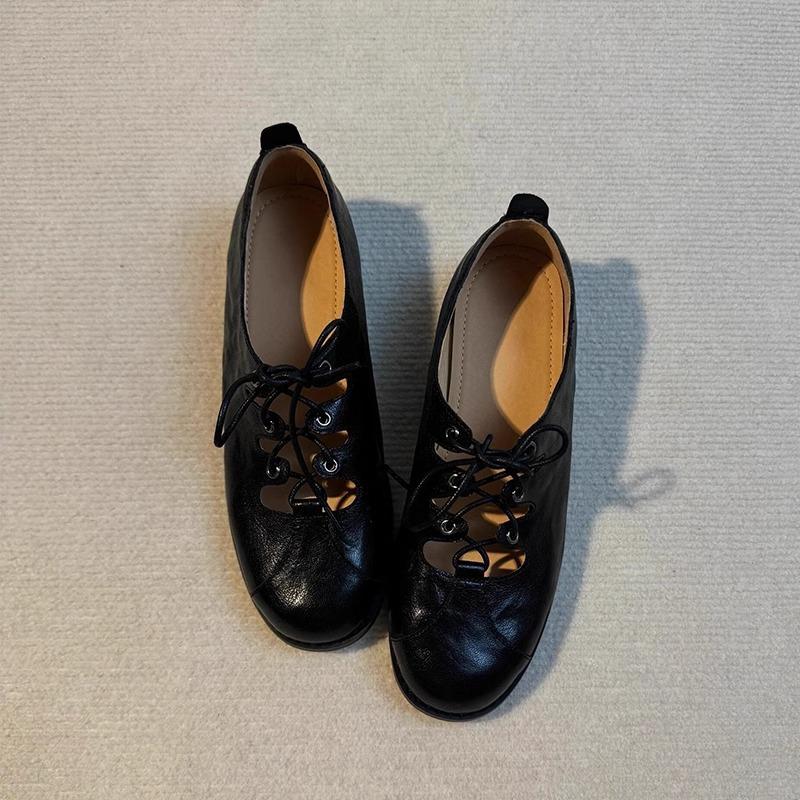 

Lan Cabinet ретро полые маленькие кожаные туфли женские с мелким вырезом на шнуровке в британском стиле на низком каблуке Мэри Джейн с круглым носком на плоской подошве одинарные туфли 40