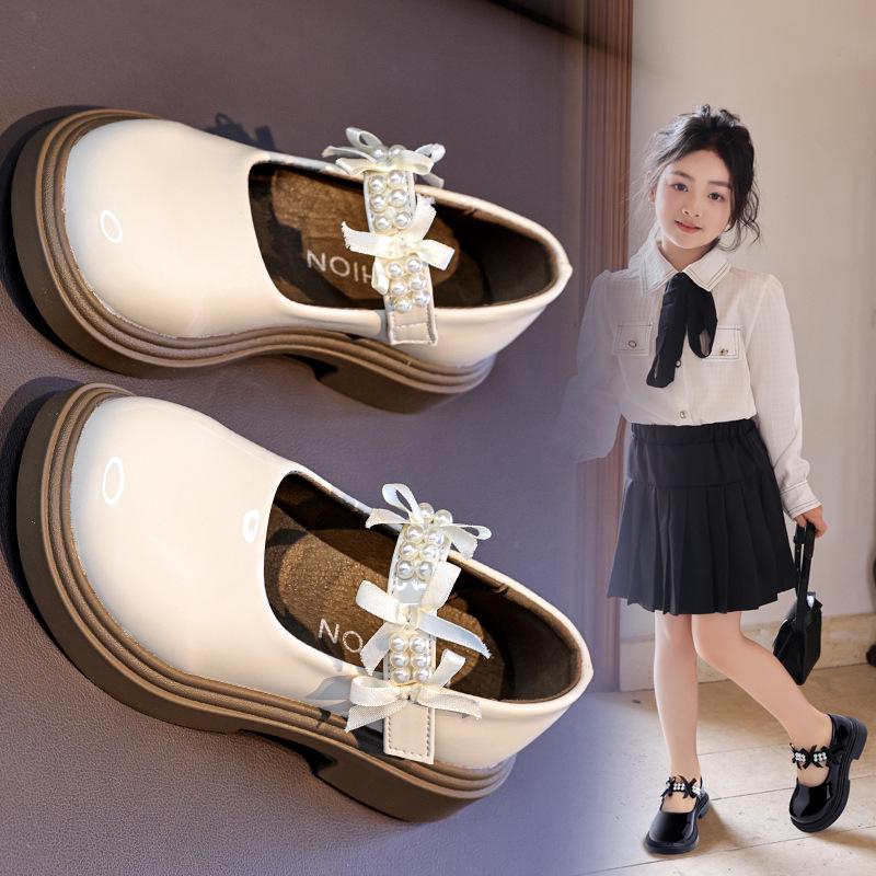 Flickors Pärlrosett Läder Prinsesskor - Mjuk Sula Koreansk Stil för Våren 2026