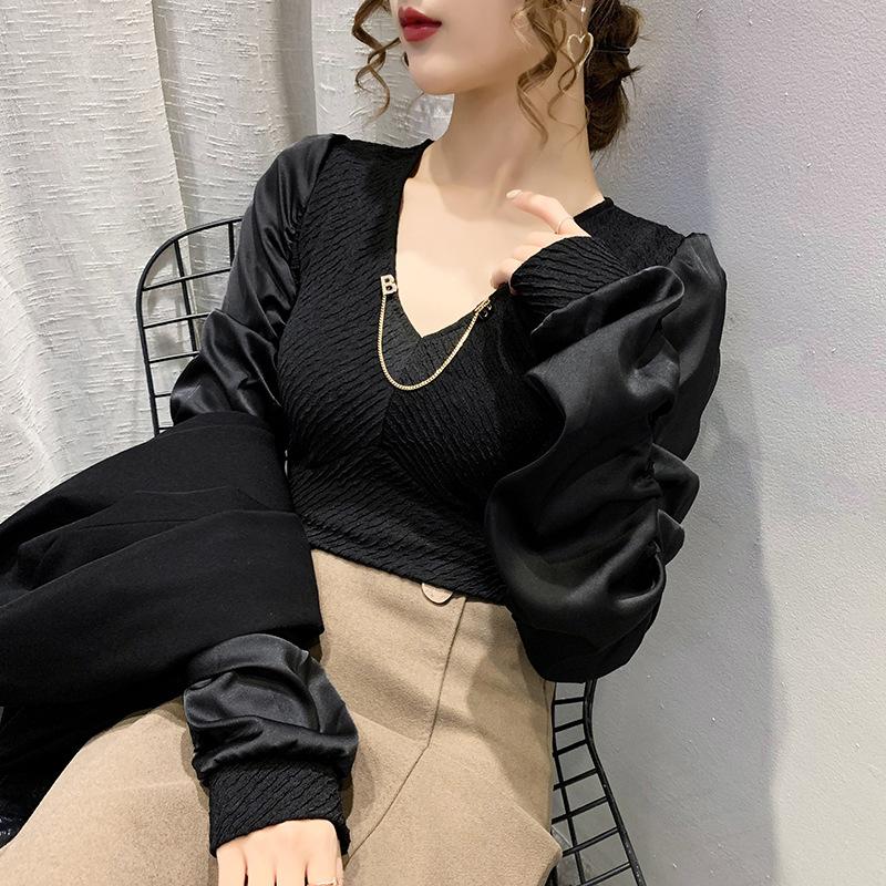 Korean Winter V-neck Pleated Puff Long-sleeved Top Versatile Pullover T-shirt for Women