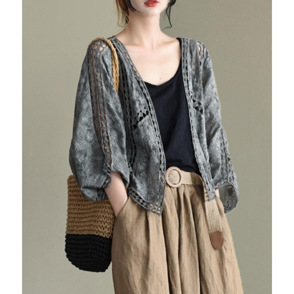 DX- MS64-Spring and Summer Cotton Embroidery Lace Cardigan Short Bat Sleeve Loose Shawl 7 Split Sleeve Air Conditioner Sunscreen Clothes Cover Female