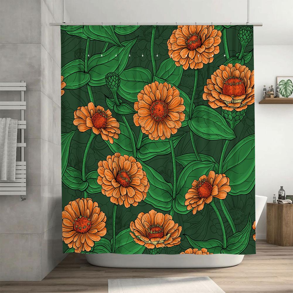 Green Floral Shower Curtain Orange Sunflower Print for Bathroom Decor Waterproof Fabric Shower Panel Liner Size Customizable.