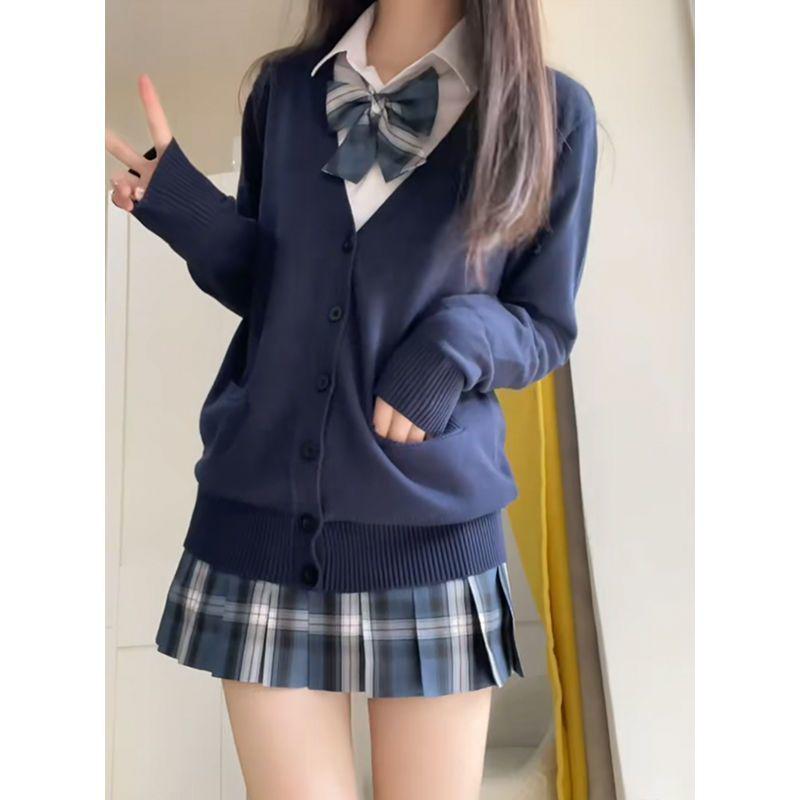 Navy Blue Japanese School Style Women's Cardigan Sweater for Autumn & Winter