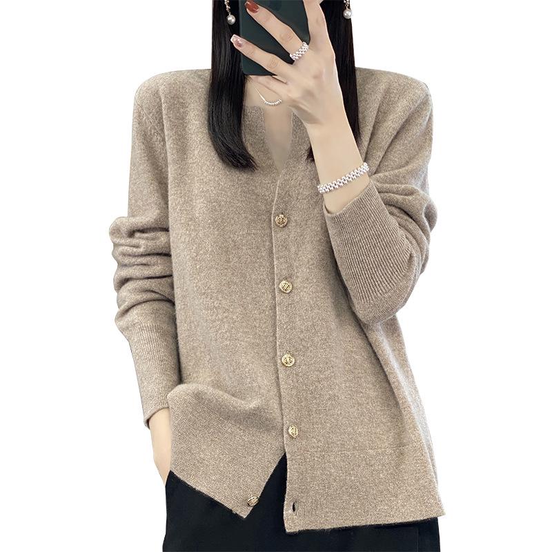 2023 Women's Pure Wool V-Neck Cashmere Cardigan - Solid Color Knit, Loose Fit