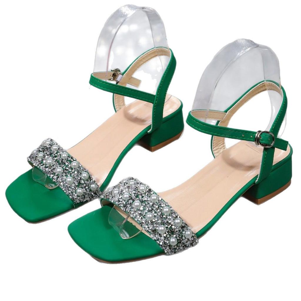 Mode Kristall Damen Mittelhohe Absätze Sandalen Elegant Absatzschuhe 2025 Sommer Mode Klobige Pumps Eckige Zehenpartie Flach Schnalle Schuhe für Frauen