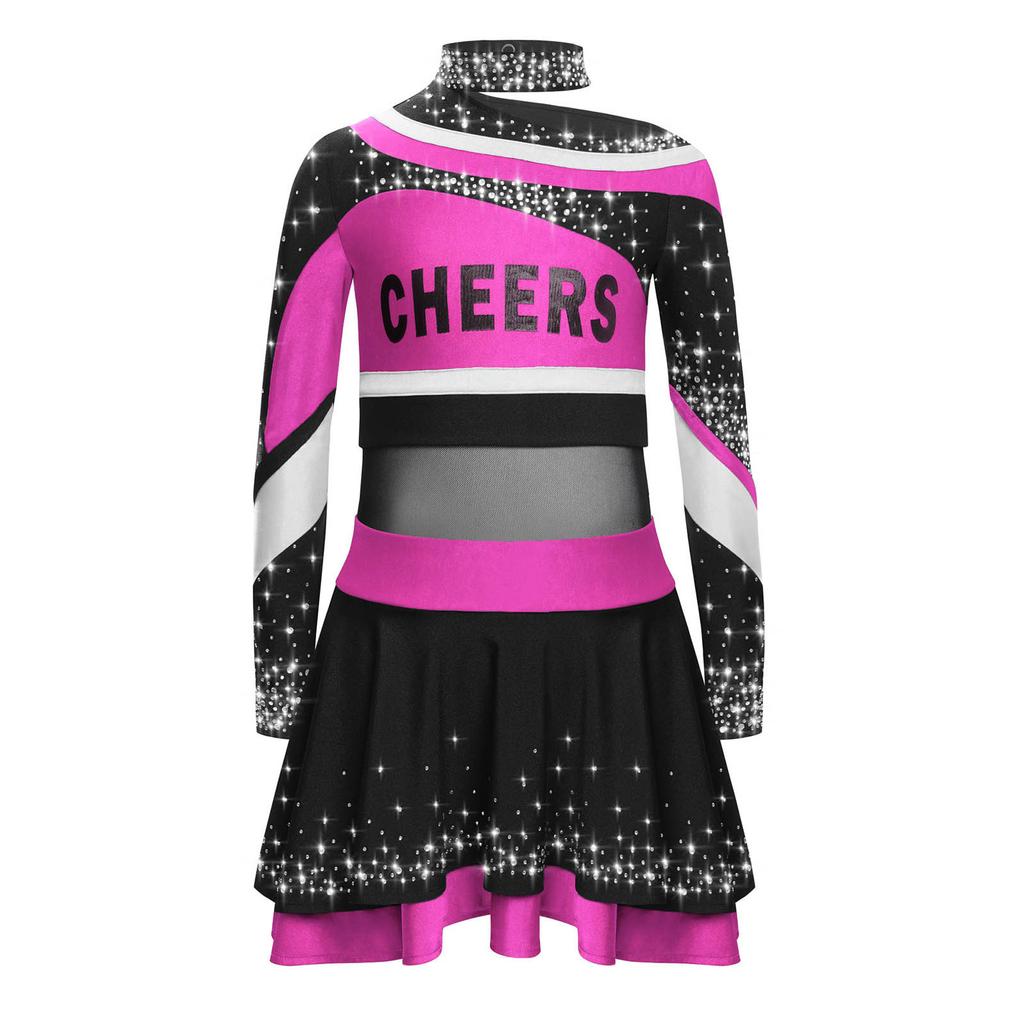 Girls Stage Performance Costume Long Sleeve Letter Print Shiny Rhinestones Color Block Cheerleading Set