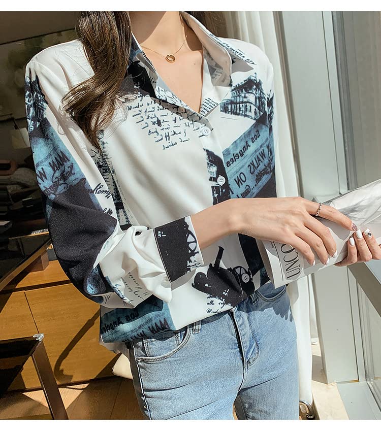 Fairy Stone Long Sleeve Chiffon Blouse with Letter Size Women's Print, V-Neck, Casual/Formal, B-24 (White, M)