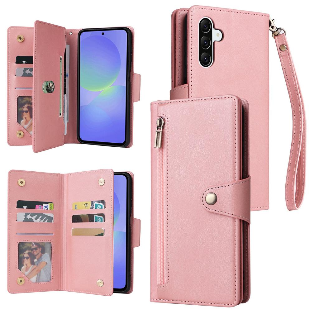 For Samsung Galaxy A37 5G Case Zipper Wallet Rivet Decor Leather Phone Cover with Wrist Strap