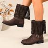 Direct Supply Belt Buckle Fringed Boots Women'S Round Head Non-Slip Thick Heel Fringed Medium Boots Autumn And Winter Versatile Women'S Boots