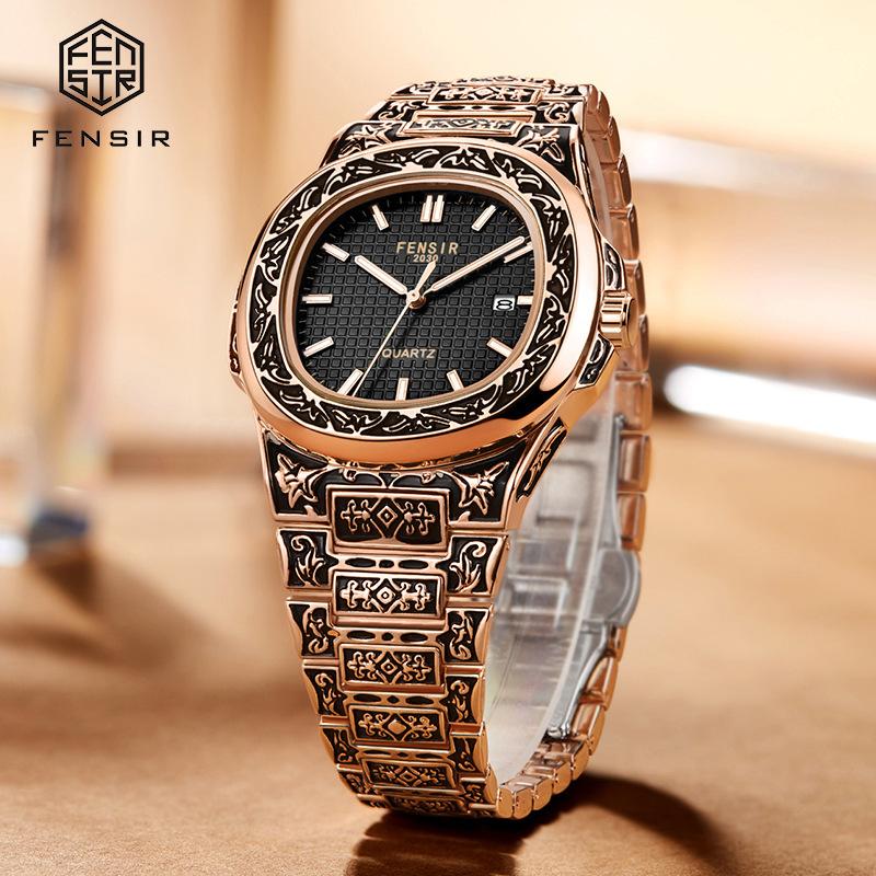 Cross-border Luxury Stainless Steel Engraved Men's for Quartz Watches Fashionable Trendy 35M Water Resistant