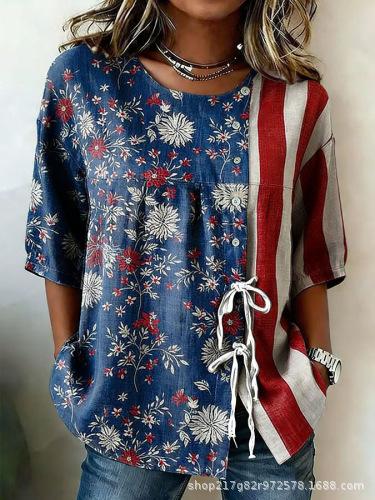 European and American summer new women's tops, shirts, geometric printing buttons, drawstrings, half-sleeved tops, T-shirts, women's clothing