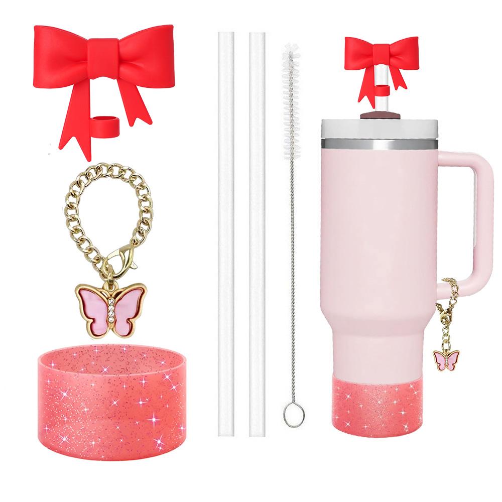 6PCS Accessories Set for Stanley Cup 30oz/40oz Including Glitter Silicone Boot Diamond Butterfly Charm Chain Bow Silicone Straw
