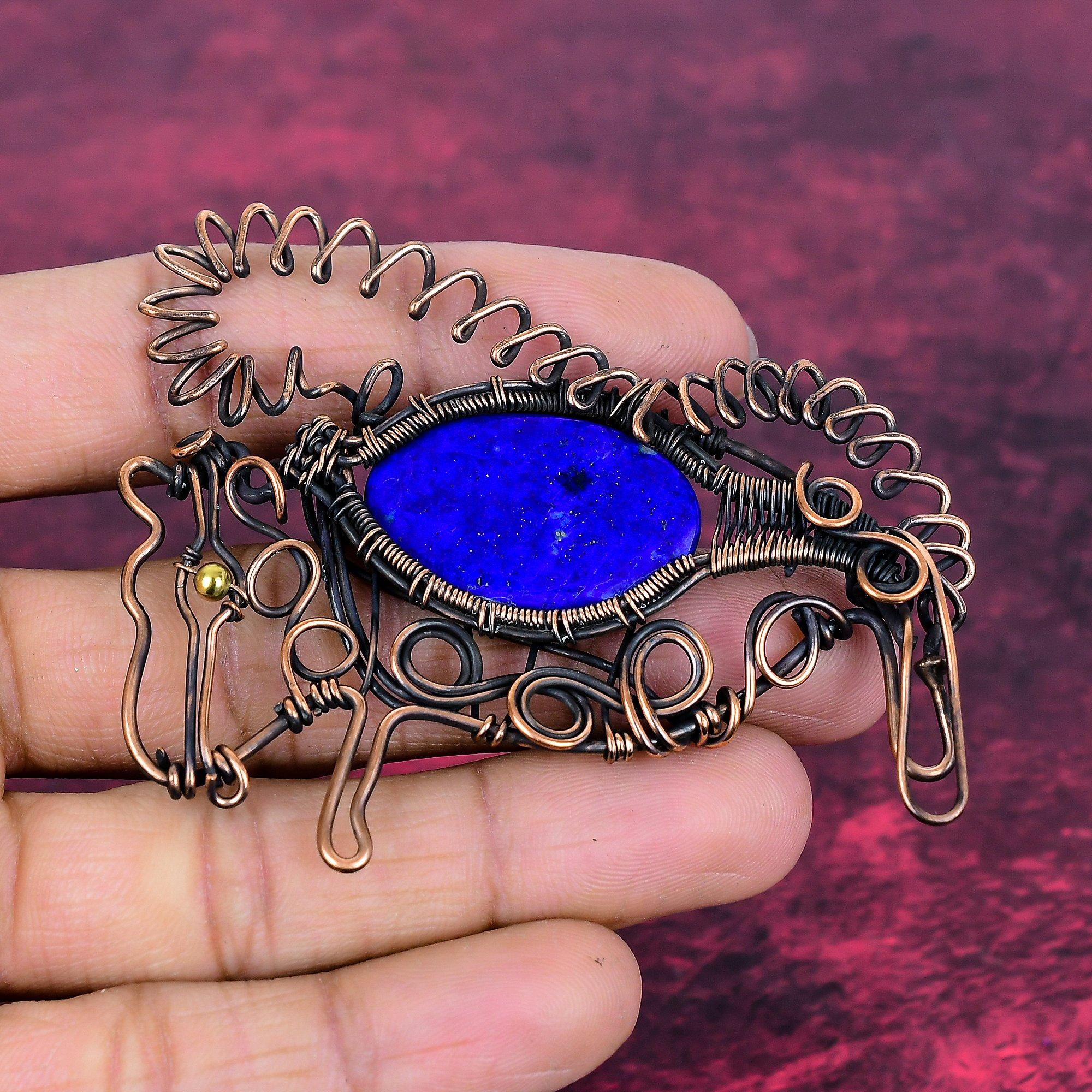 Lapis Lazuli Pendant Copper Wire Wrapped Rabbit Pendant Gemstone Handmade Jewelry