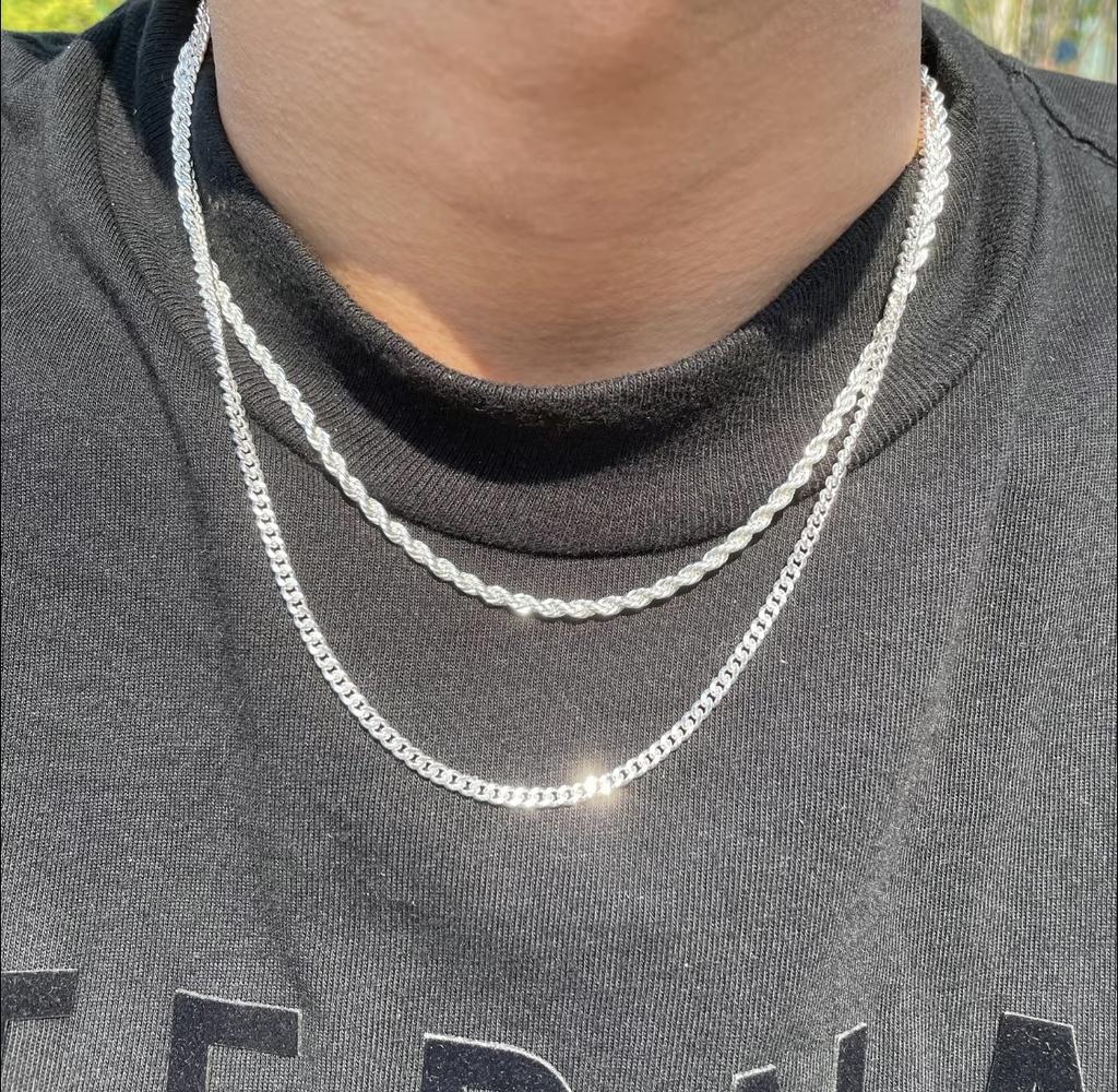 able Double Chain Set + Cross, Unisex - 3mm Layered Cuban Chain Necklace Set Minimalist Jewellery Gift 20-24 Inches Gift