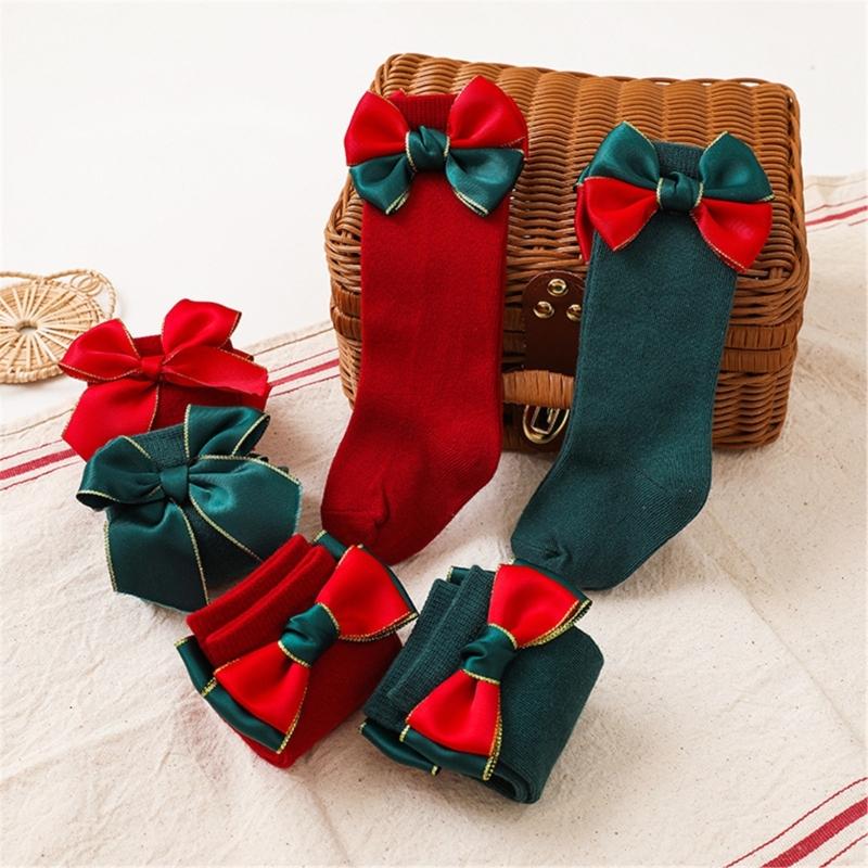 2 Paar Klassische Kniehohe Socken Weihnachten Thema Socken mit Schleifchen Dekoration für Baby Mädchen 2024 Neujahrsgeschenk
