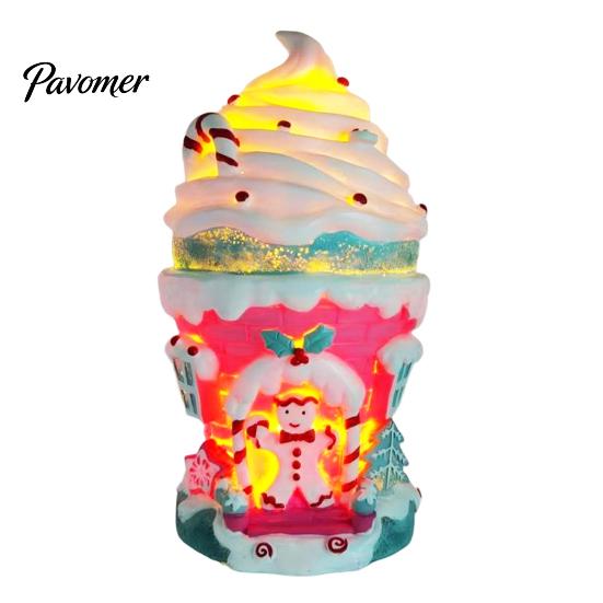 Illuminated Miniature Village House Lighted Ice Cream Christmas Figurine, Candy Gingerbread Decor with LED Whimsical Cabin Ornament Light, Warm Light