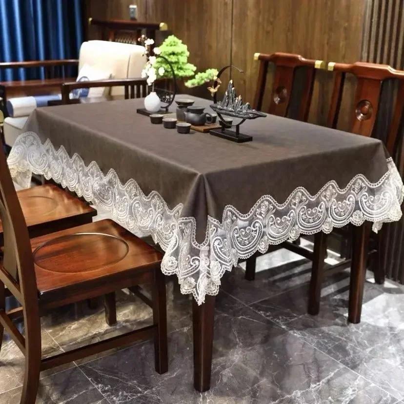Tablecloth Waterproof and Oil Resistant Lace Embroidery Edge PU Table Cover Home Dining Table Decoration Mat