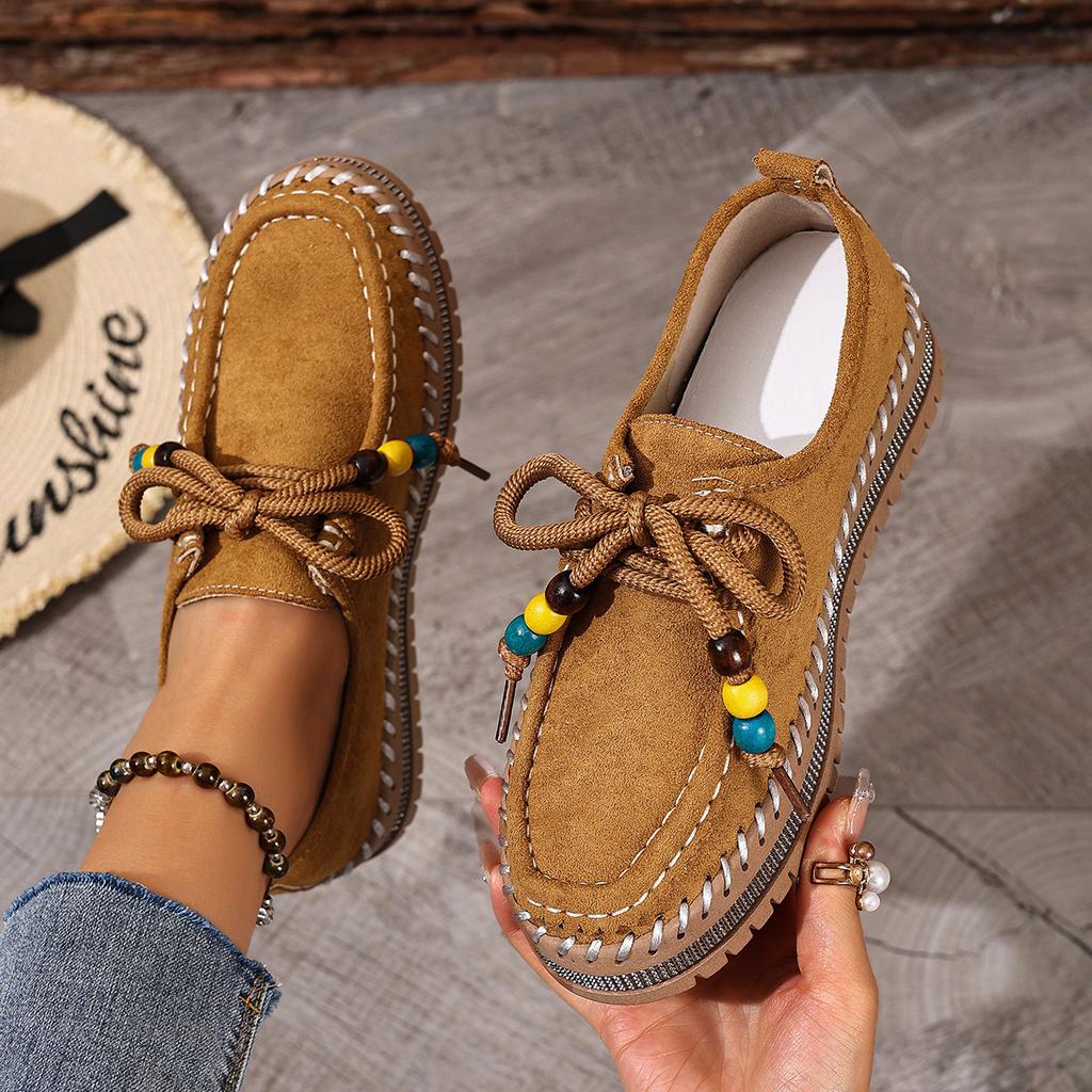 Women's Platform Flats, Front Lace-Up Bohemian Roman Shoes, Vintage Beaded Autumn Booties for Women