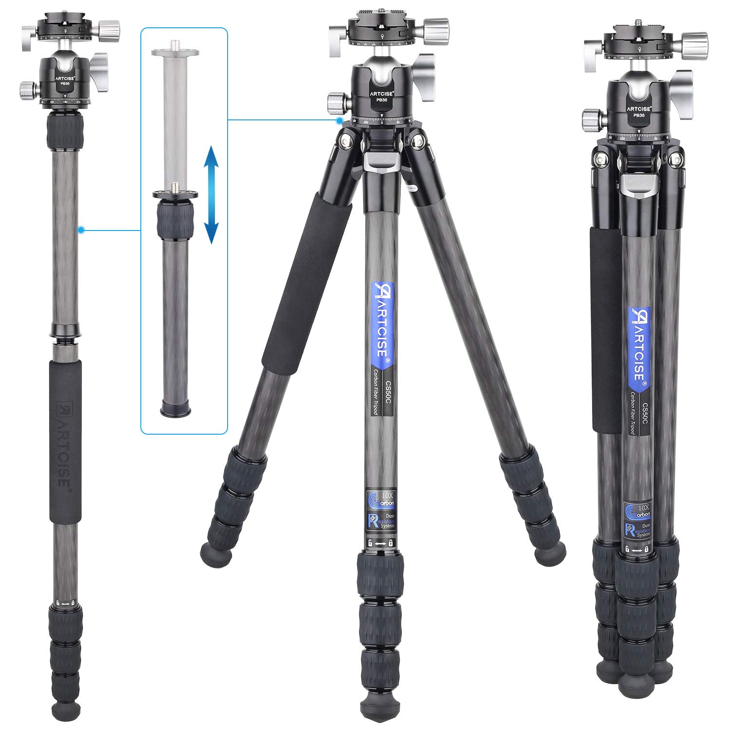 

ARTCISE Design Компактный дорожный штатив из углеволокна, труба 26 мм, 1610 мм, легкий, с регулировкой гайкой, грузоподъемность 15 кг, совместим с цифровыми зеркальными камерами и с хранением CS50C