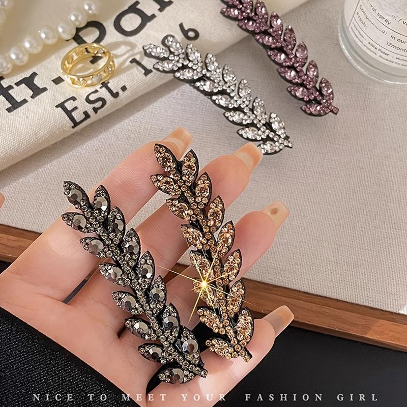 Vintage Elegant Alloy Wheat Ear Hairpins Crystal Embellished Leaf-Shaped Hair Clips Solid Color Duckbill Ideal for Valentine'S Day Gift