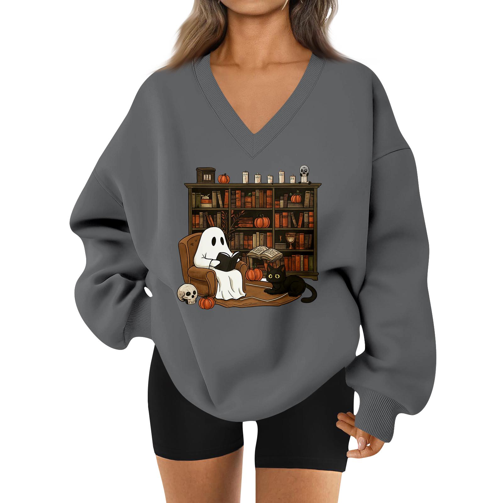 

Женский спортивный свитшот с V-образным вырезом, приспущенным плечом и принтом на Хэллоуин M