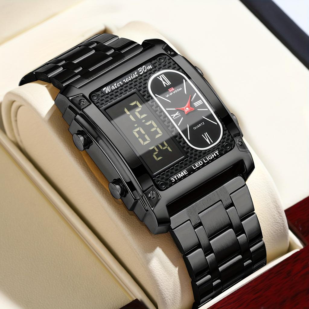 VA VA VOOM Men Watch Men’s Digital Watches with Dual-movement Display, Electronic Display + Analog Display,Stainless Steel Luminous Alarm Wristwatch