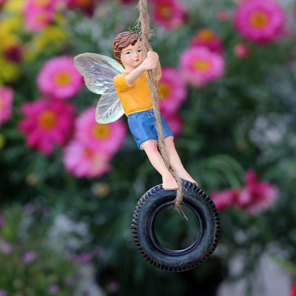 Miniature Fairy Garden Boy on Tire Swing Fairy Garden Accessories for Wall Trees Miniatures Hanging Ornament