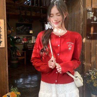 Red Knitted Cardigan 2025 New Short Style Autumn Slimming Outer Top Embroidered Sweater Jacket