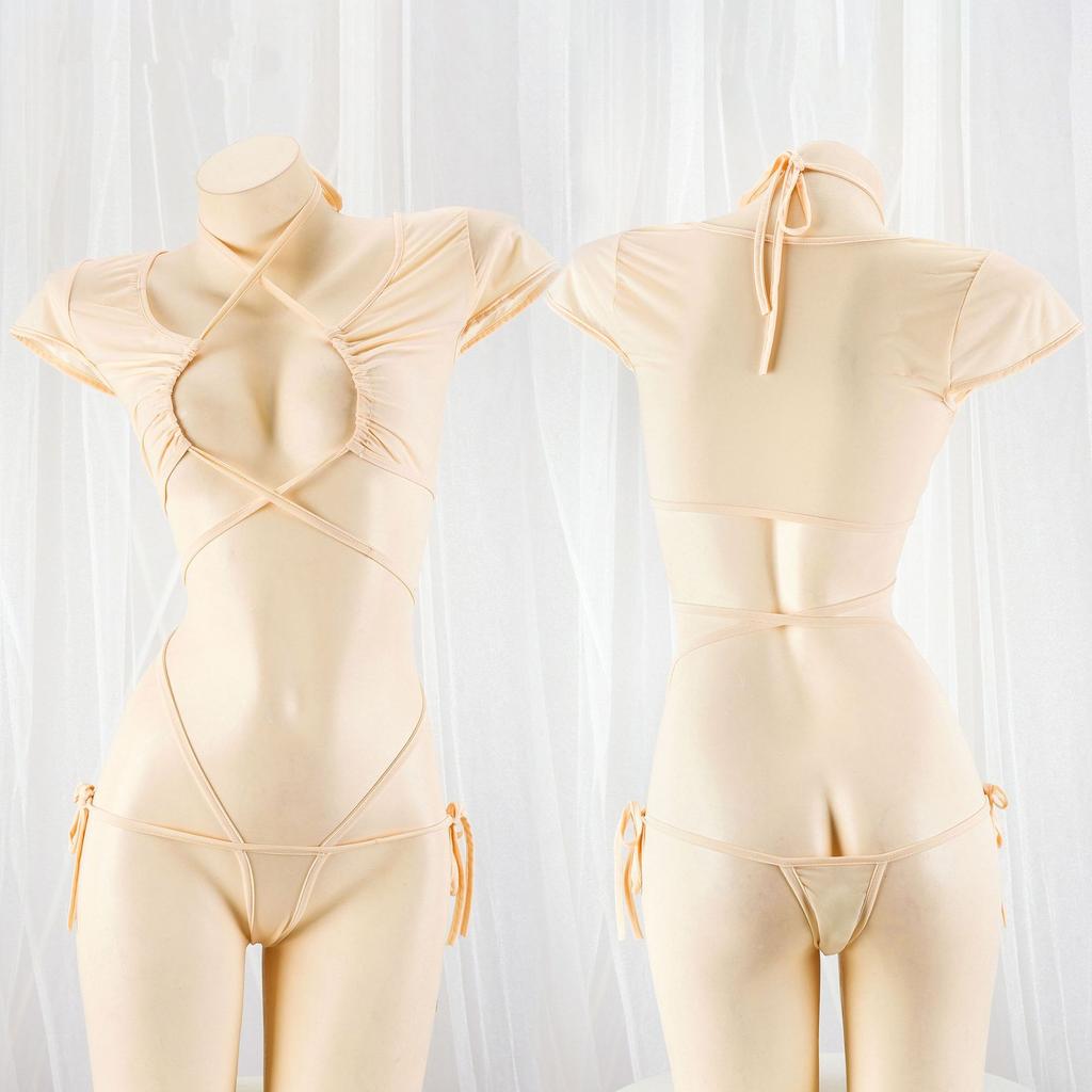 Women Lolita Girls Cosplay Halter Bandage Hollow Out Pajamas Ice Silk Backless Jumpsuit Sexy Anime Lingerie Set