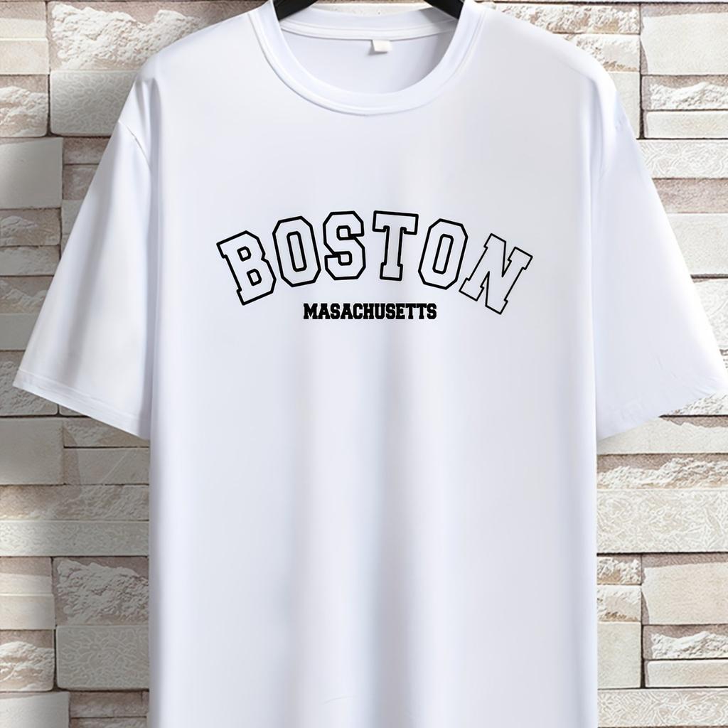 Men's Summer Loose Size 100% Cotton Trendy Boston Graphic Print Casual Fit Round Neck Short Sleeve T-shirt Top