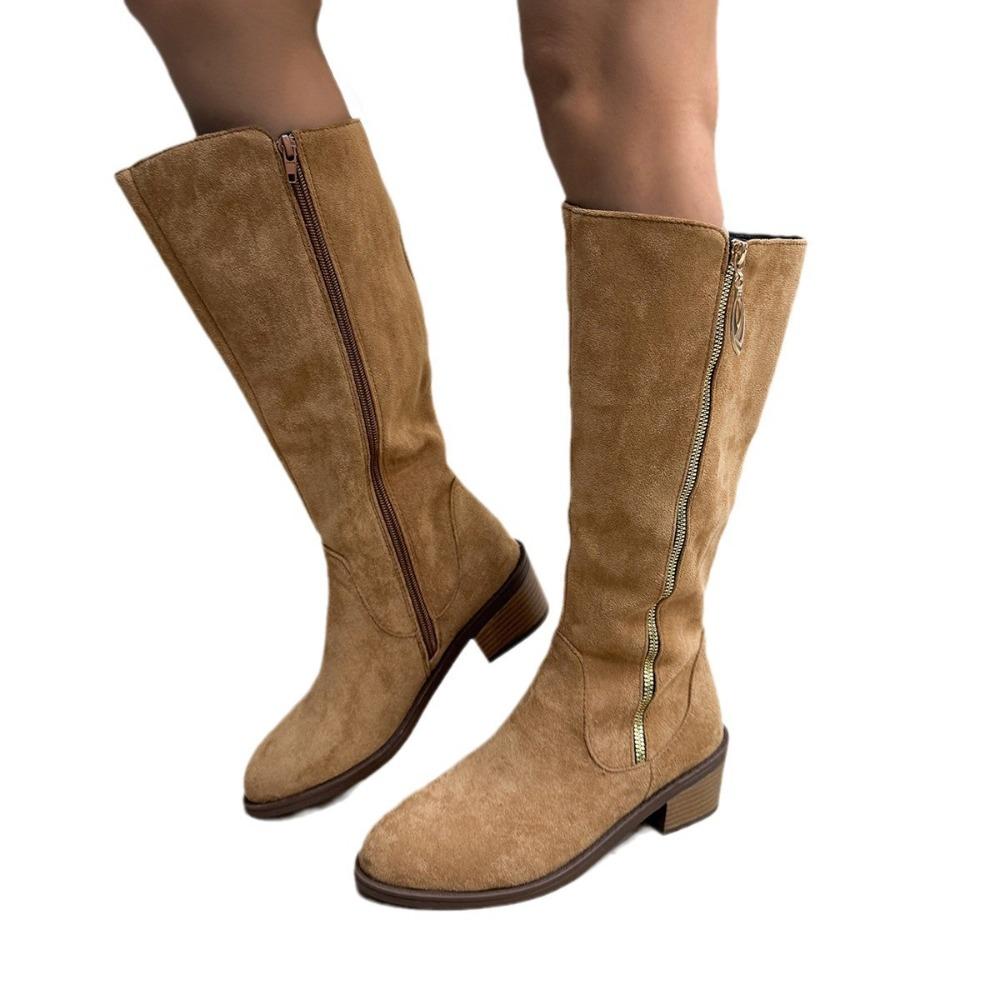 2025 Winter New Style Women's Suede Knee-High Low-Heel Riding Boots - Pointed-Toe Side-Zip Fashion Boots