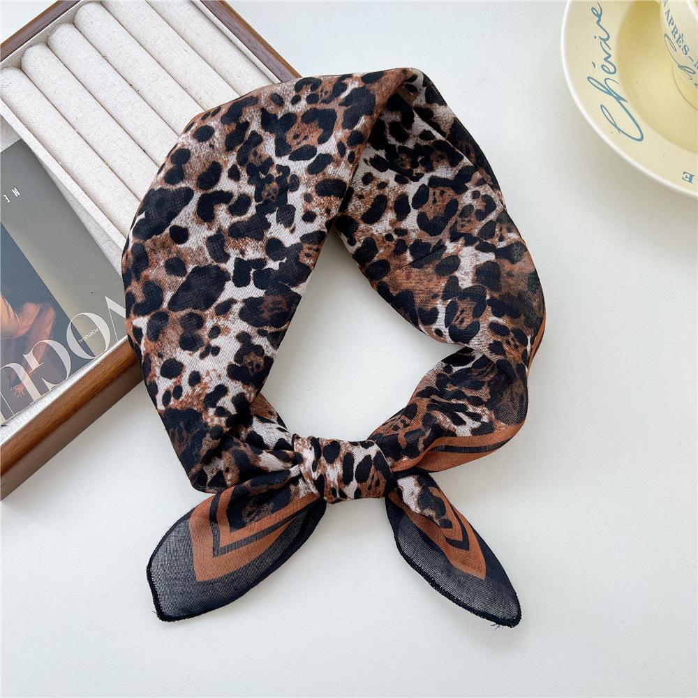 55 Leopard Print Cotton And Linen Silk Scarf Women'S Small Square Scarf Neck Protection Headscarf Decorative Scarf Fashionable Foreign Style Scarf