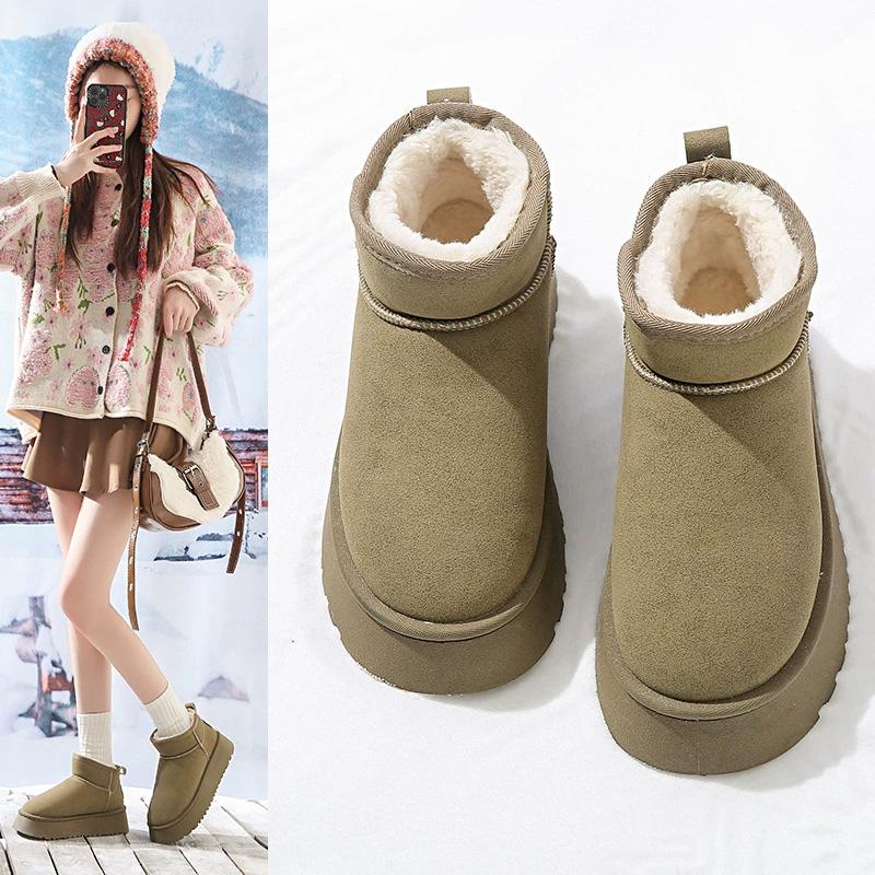 Women Padded Shoes Thick-soled Round Toe Warm Thick Plush Slip-On Platform Ankle Botas Snow Boots