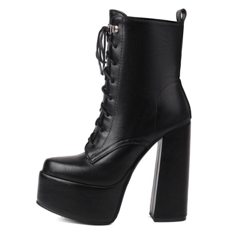 Platform Ankle Boots For Women White Black Punk Gothic High Heels Motorcycle Boots Lace-up Autumn Winter Shoes Female Waterproof