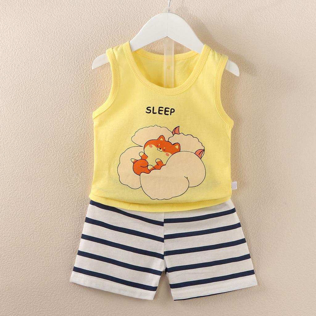 Koreańska wersja zestawu kamizelki dla dzieci Nowy chłopięcy i dziewczęcy dziecięcy kreskówkowy cienki zestaw bez rękawów kamizelki i szortów modny