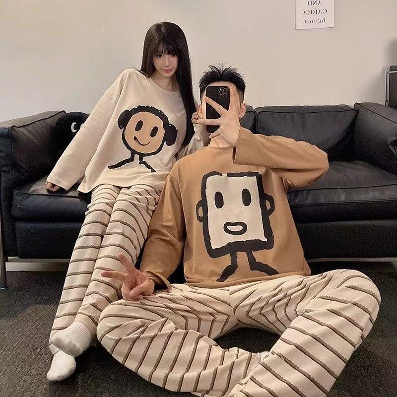 [BOGO] Cartoon Striped Couple Pajamas - Men's & Women's Plus Size, Round Neck, Long Sleeve, Spring/Autumn Korean Style Homewear Set