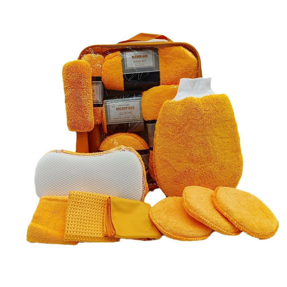 9-piece car wash and cleaning set, including a chenille car wash glove, a wax applicator, a wheel brush and a car detailing tool set