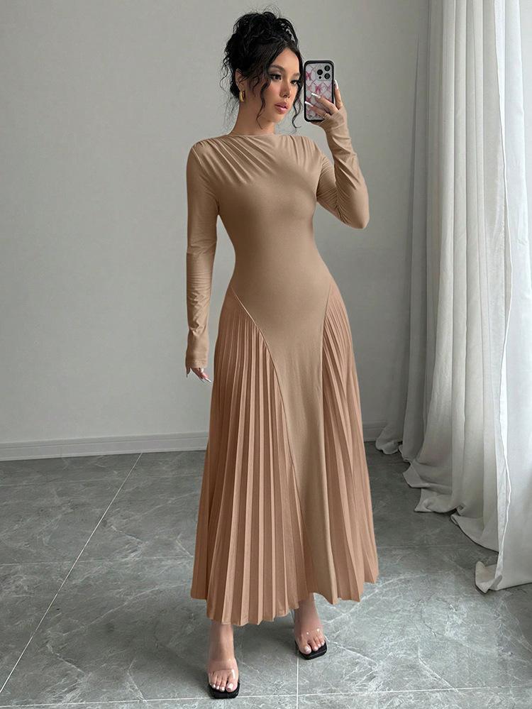 Autumn Winter Simple Solid Color Knitted Dress Women O Neck Long Sleeve Pleated Office Dresses Elegant Slim Robe Dress