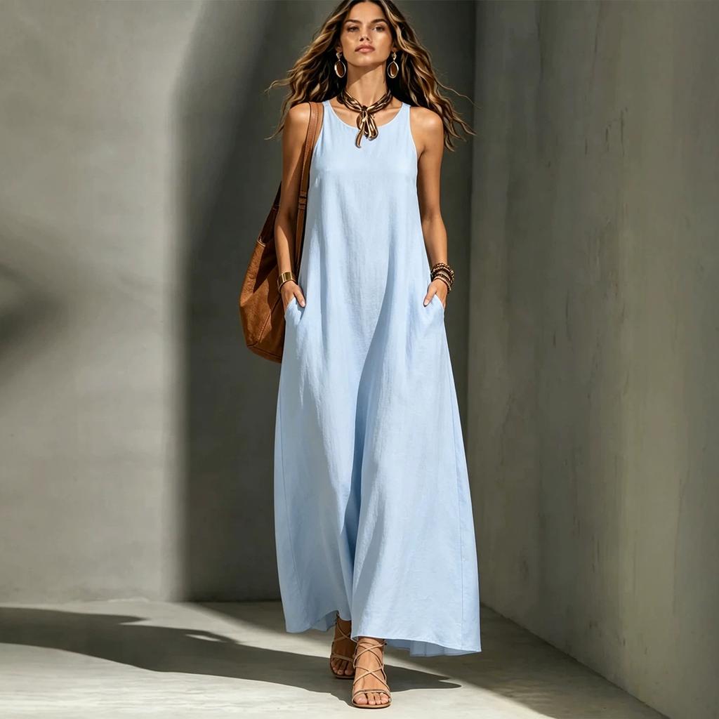 Women's Sleeveless Halter Neck Maxi Dress Loose Fit Solid Casual Long Dress