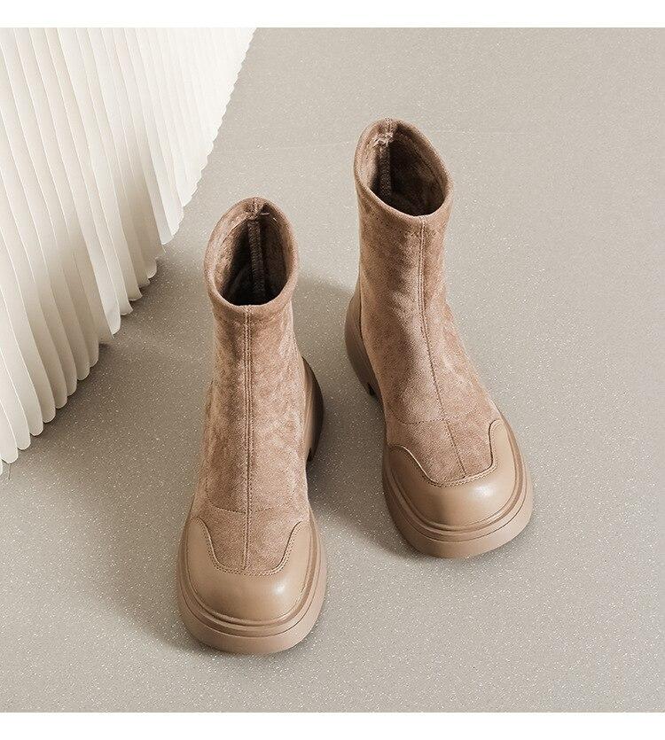 

Fujin, ботильоны из эластичной ткани, 5 см, носки, слипоны из спандекса, Высокие модные женские туфли выше колена, весенне-осенняя обувь на платформе, туфли на танкетке 39 коричневый