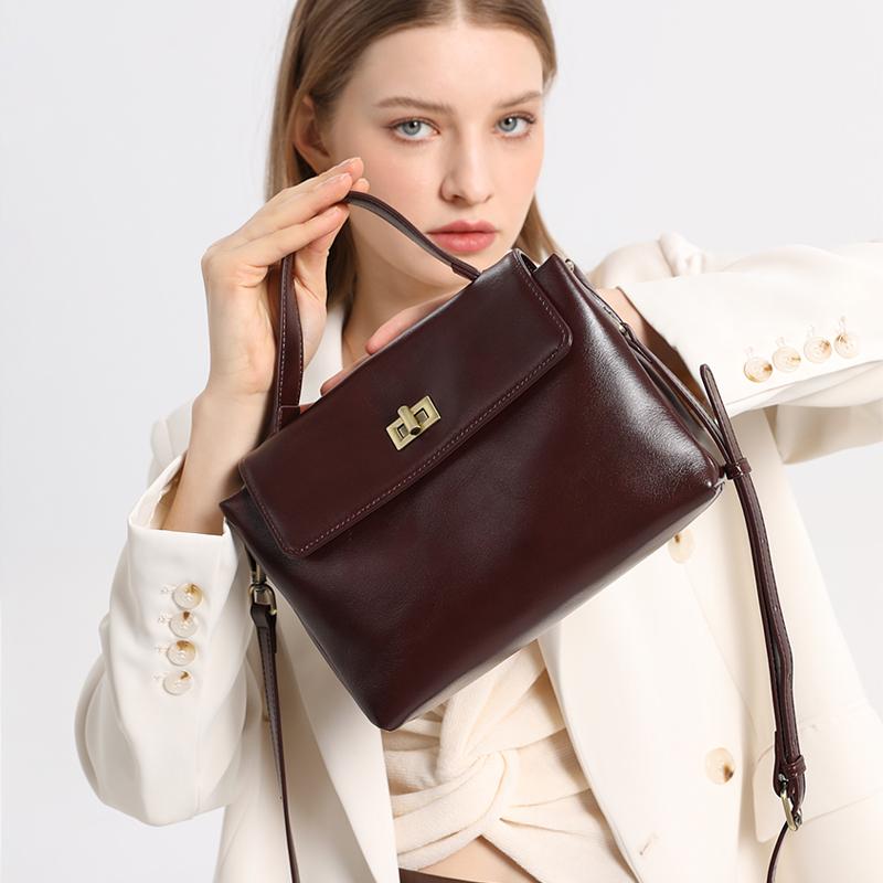 Genuine Leather Top Handle Crossbody Bag for Women Vintage Oil Wax Leather Shoulder Bag Small Luxury Designer Satchel Handbag