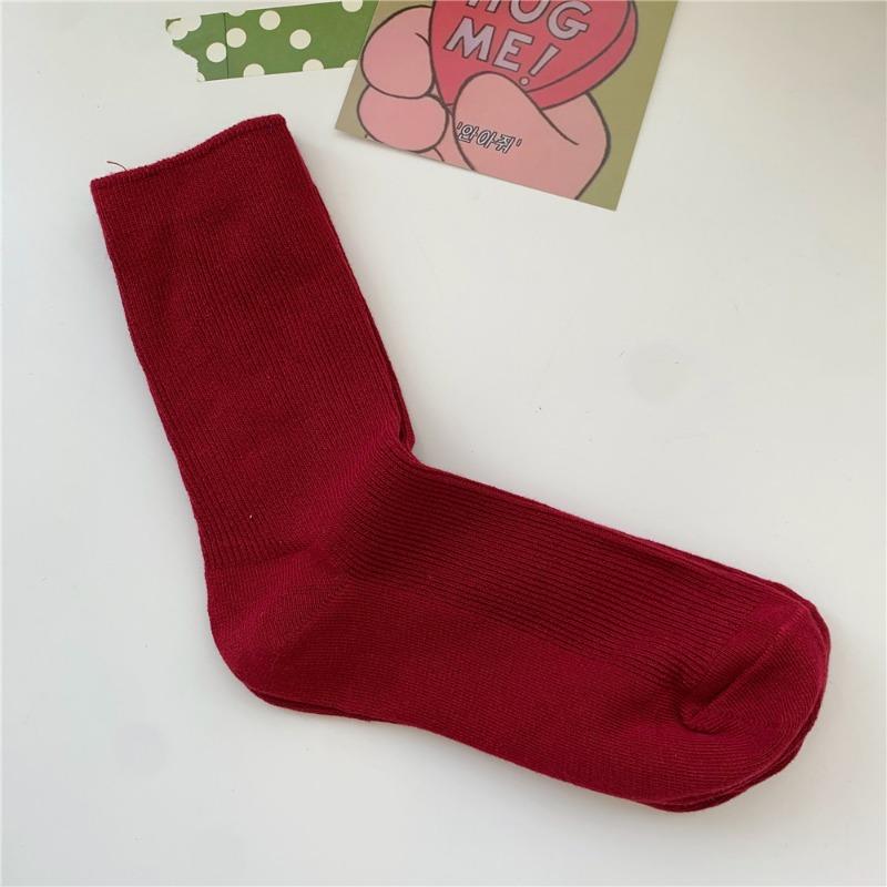 Bomull Ensfarvede Sokker for Kvinner, Høst Tynne Tynne Stripete Frotte-sokker for Kvinner, Midt-legg Sokker