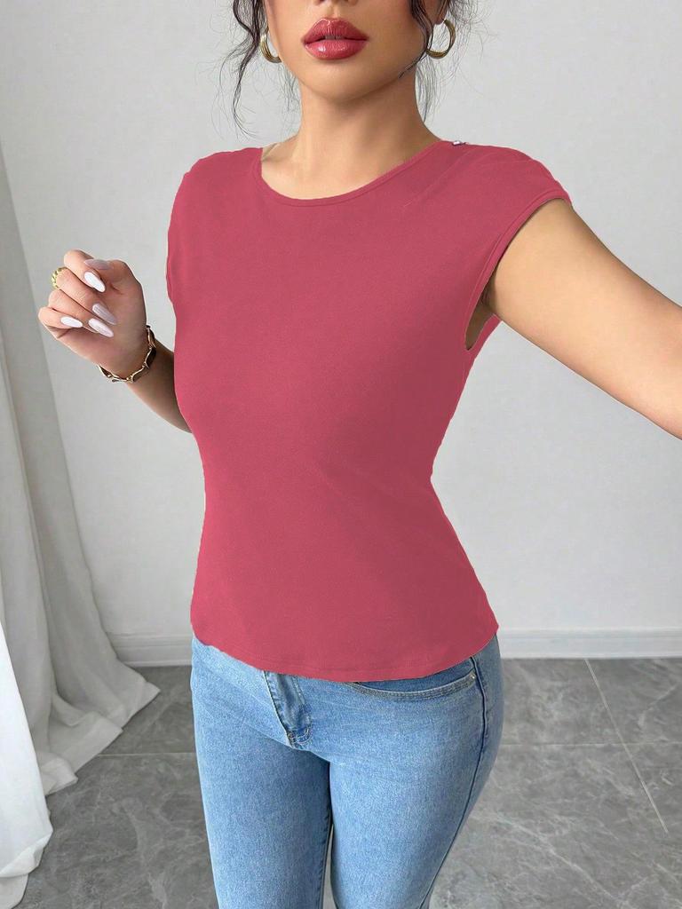European-American Fashion Women's Solid Color Slim Fit Round Neck Short Sleeve Bodycon T-shirt
